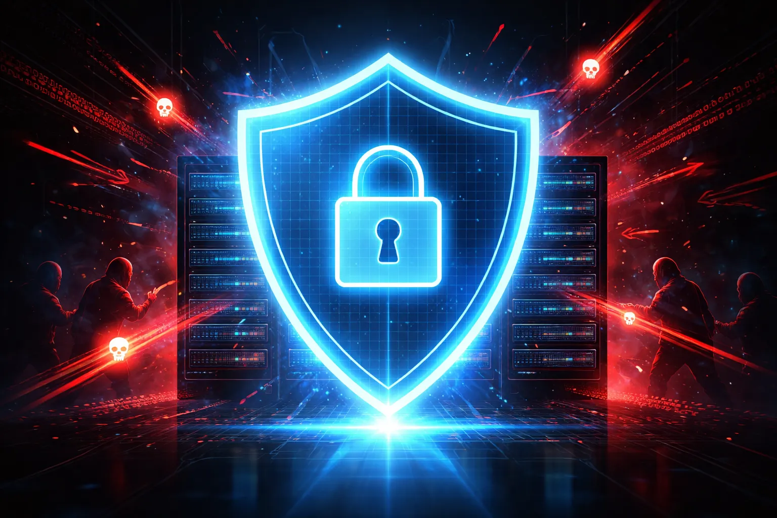 Cybersecurity shield protecting a server